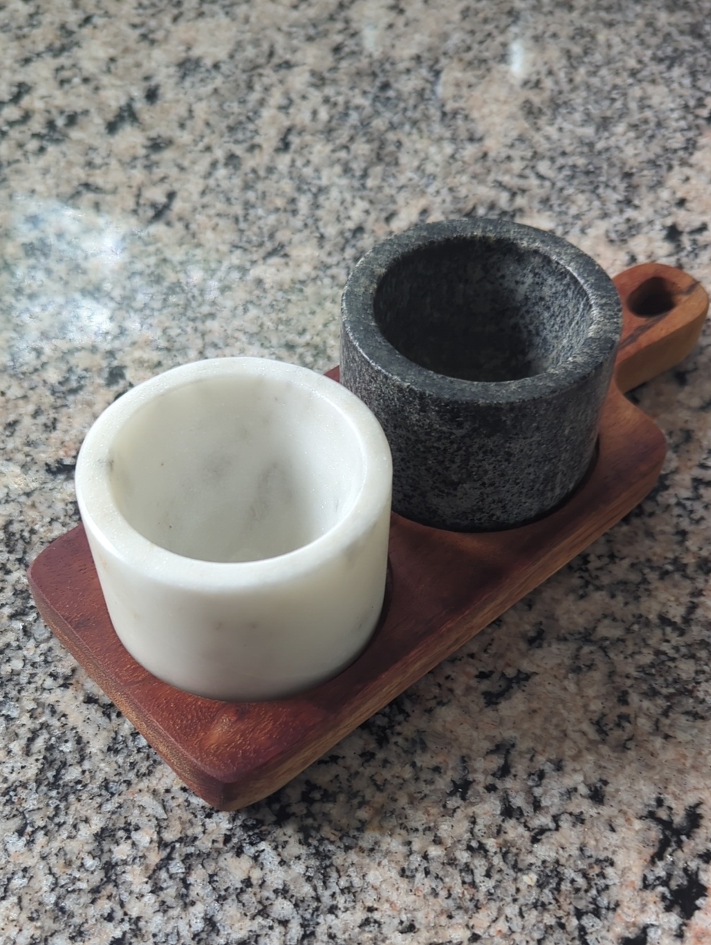 White and Gray Marble Salt & Pepper Cellar Set with Wooden Tray